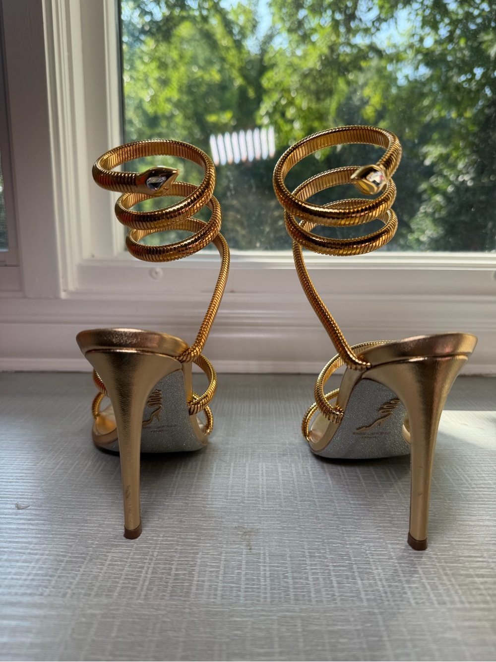 Rene Caovilla Metallic Gold Spiral Ankle-Strap Sandals - Picture 5 of 13